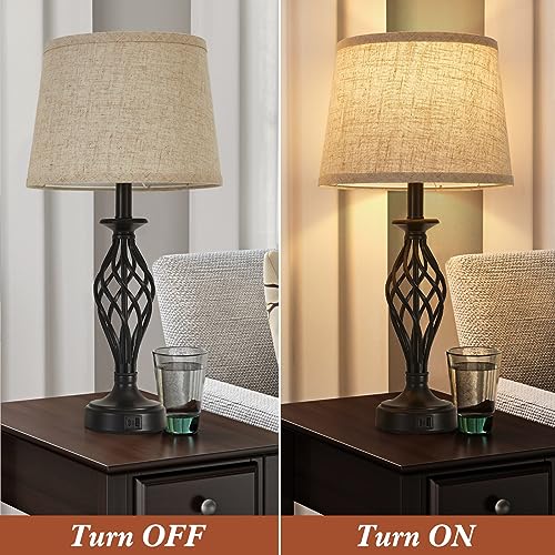 Table Lamp for Bedroom Set of 2 with USB C+A Ports (Black Base + Beige Lampshade)