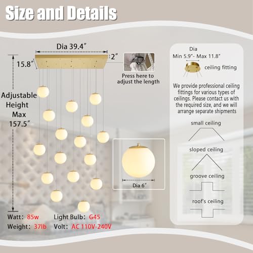 16 Light Gold Chandelier with White Globe Glass Dimmable Ceiling Light Glass Pendant Light for Kitchen Island (Gold-White / Rectangle 16-Light)