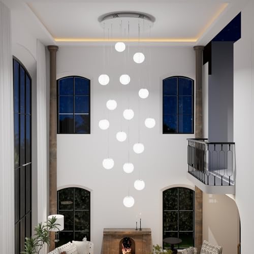 H 138" Large Chandelier with White Globe Glass Dimmable Ceiling Light Glass Pendant Light for Kitchen Island (Silver-White / Globe 15-Light)