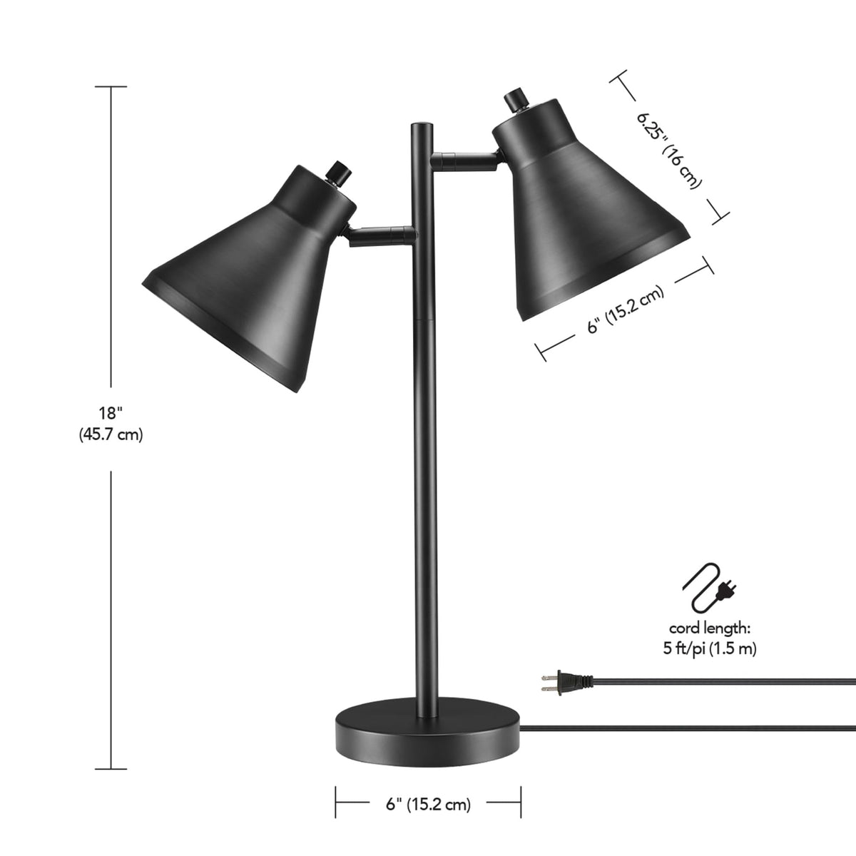 18" 2 Light Desk Lamp (Matte Black, Industrial)