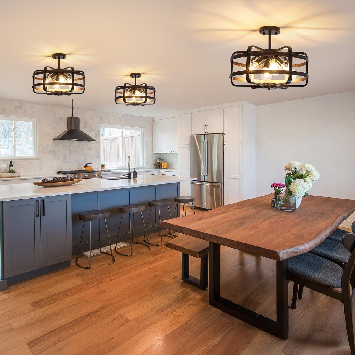 17.71'' Farmhouse Cage Semi Flush Mount Ceiling Light Fixture 4 (17.71''-Black&Brown-E26)