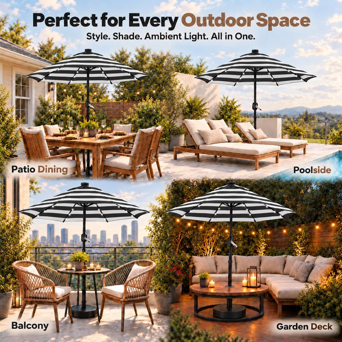 9FT Solar Patio Umbrella w (Black/White / 9FT)
