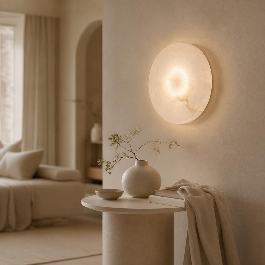 7.87 Inches 1PCS Round Alabaster Wall Sconce Marble Light Hardwired Wall Sconce for Bedroom Marble Stone Light Decor for Wall Lamp Natural Stone Material Wall Lamp for Stairs (7.87Inhces-1PCS)