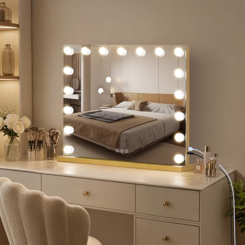 Vanity Mirror with Lights 23.6''x20.5'' Makeup Mirror with Lights Lighted Up Mirror with Dimmable Bulbs (Gold / 23.6"L x 20.5"W)