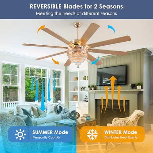 72"Large Golden Crystal Chandelier Ceiling Fans with Lights and Remote (Gold-72IN)