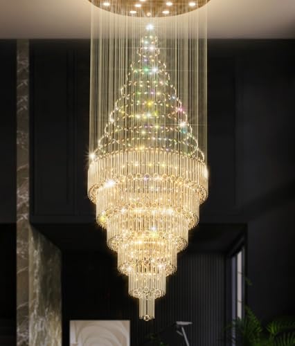 D48''X H120''High Ceiling Chandelier Crystal Raindrop Chandeliers Large Villa Chandelier Entrance Foyer Hight Ceiling Lighting LED Dimmable 2700K (Silver / D48"X H120")