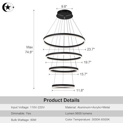 LED Modern Chandeliers 4 Rings for Dining Room Entryway (Black / 4-rings/D23.6in)