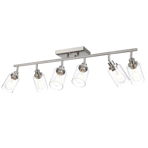 6 Light Track Lighting Kit Brushed Nickel Kitchen Track Lighting Fixtures Ceiling Mount Bathroom Vanity Wall Scones Light Fixture with Clear Glass (Brushed Nickel / 6-Light)