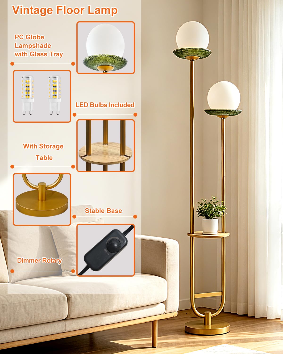 2 Globe Floor Lamp with Green Glass Tray Gold Dimmable Tall Lamp (Green-2U Gold)