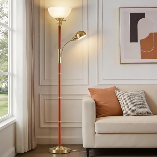 72" Wood Torchiere Floor Lamp with Glass Shade Gold Standing Lamp (Wood Color)