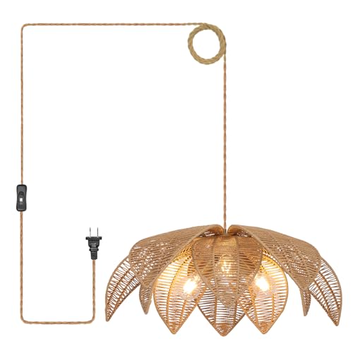 Rattan Plug in Pendant Light with 15FT Hemp Rope Cord Boho Light Fixture Can accommodate 3*E26 Bulbs of Woven Wicker Chandelier for Living Room Bedroom Dinning (DW-007-3P)