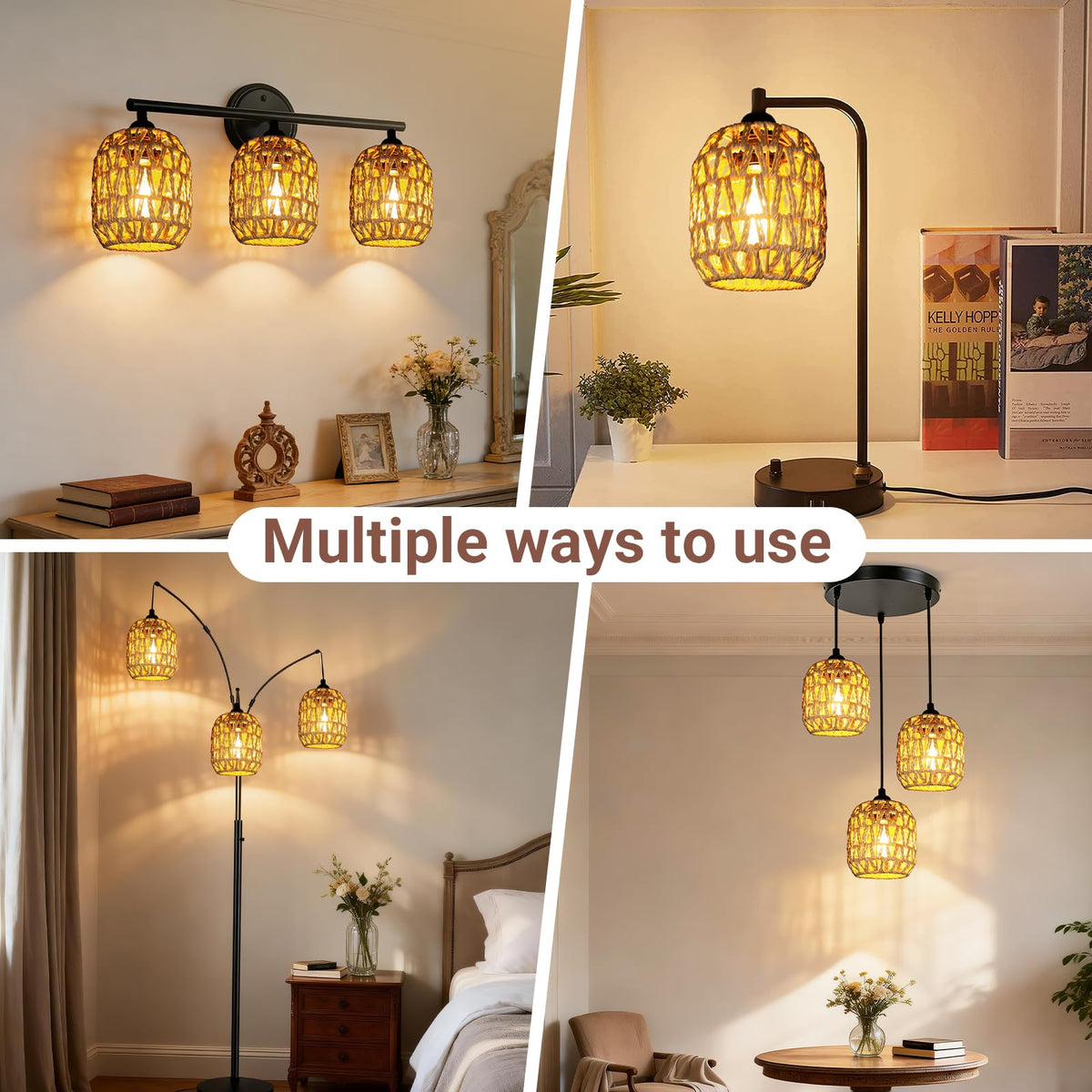 3 Pack Rattan Lamp Shades Boho Hanging Light Lamp Shades (3 PACK-Small Drum Shade)