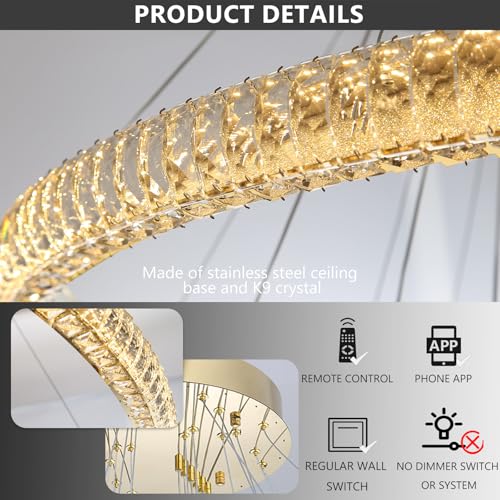 47" 6 Ring Crystal Chandelier Modern LED Dimmable Ring Pendant Light Chandelier for Dining Room Living Room Gold (Gold / 6 Ring Round 47")