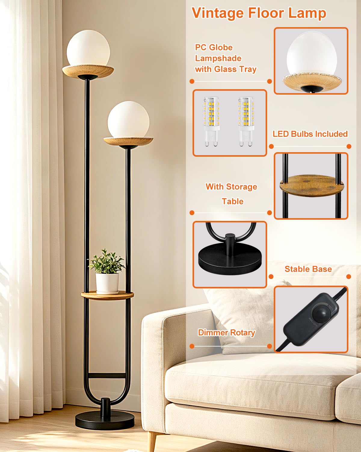 2 Globe Floor Lamp with Amber Glass Tray Black Dimmable Tall Lamp (Brown-2U Black)