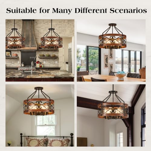 2-in-1 6-Light Farmhouse Drum Pendant Light, 20'' Rustic Ceiling Light with Brown Wood Texture, Adjustable Hanging Height, Industrial Black Metal Chandelier for Dining Room, Kitchen Island, Entryway (20in-6 Light (2 in 1))