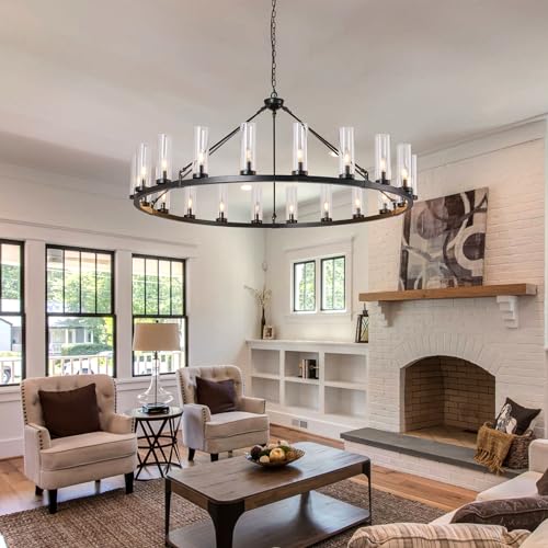 20 Light Large Wagon Wheel Chandelier with Clear Glass Shade Black Round Pendant Light Farmhouse Industrial Chandeliers Dining Room Light Fixture for Stair Living Room Foyer Kitchen (Black / 1 Tier-20 Lights)
