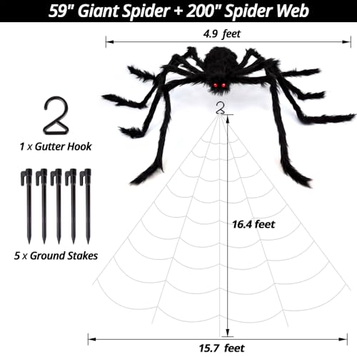 200" Halloween Decorations Spider Web Outdoor +59" Giant Spider Décor