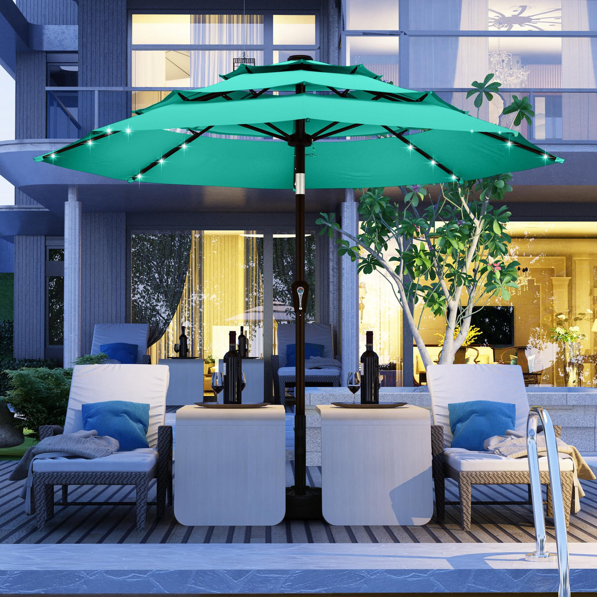 10ft 3 Tier Patio Umbrella with Solar Lights (Tiffany blue / 10 FT)