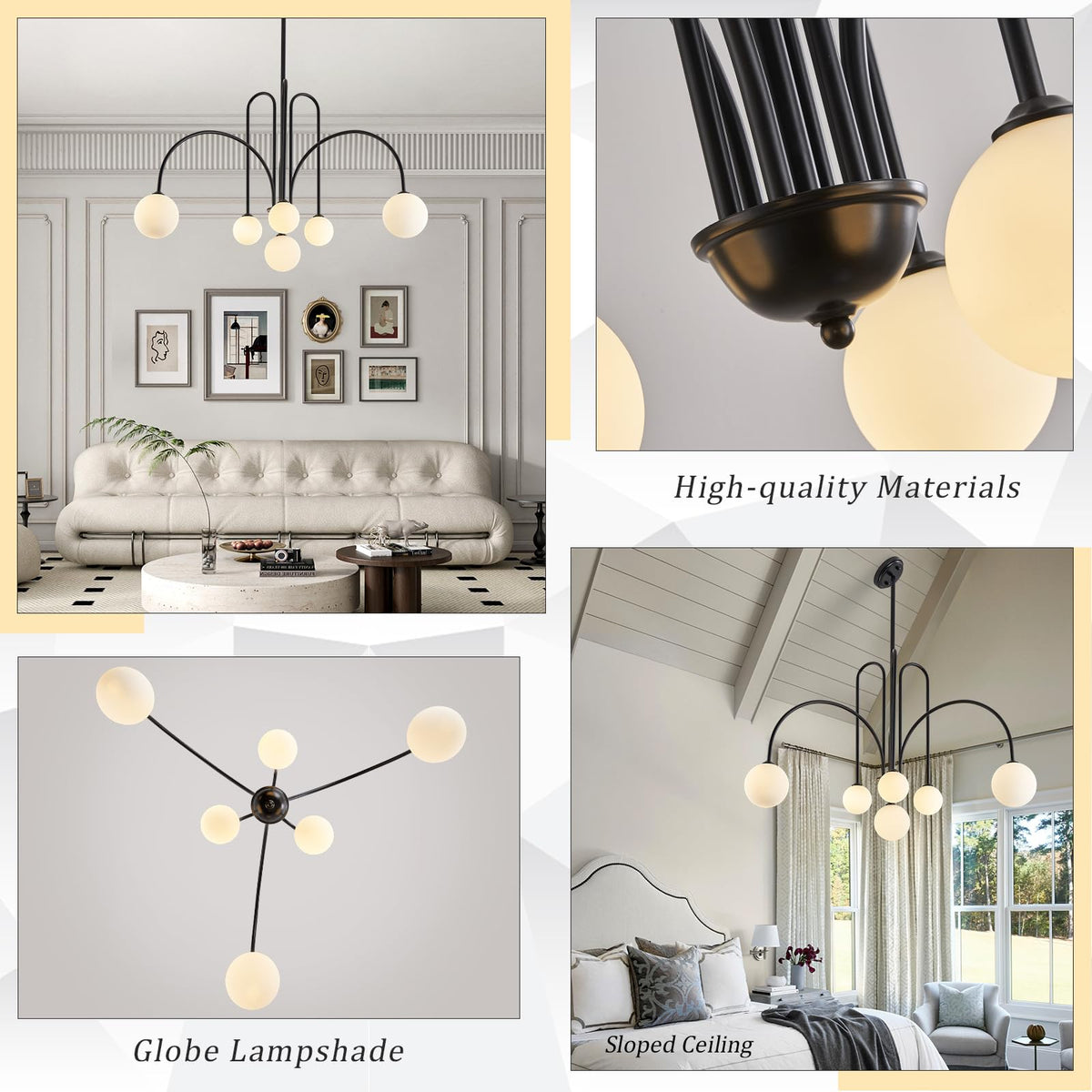 Modern 40" 6 Light Black Sputnik Chandelier with Milk Glass Globe (Black / 6-globe)
