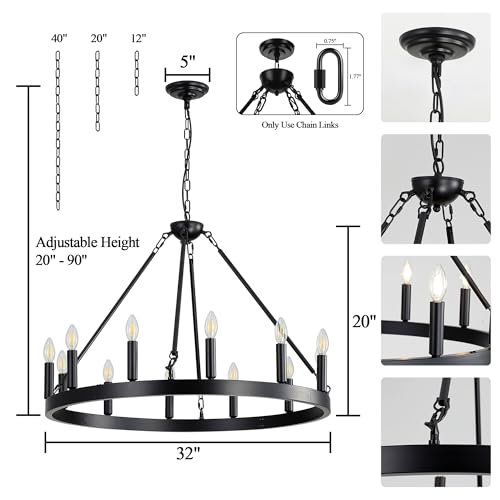 Black Wagon Wheel Chandelier (Black 12-Lights 32 Inch)