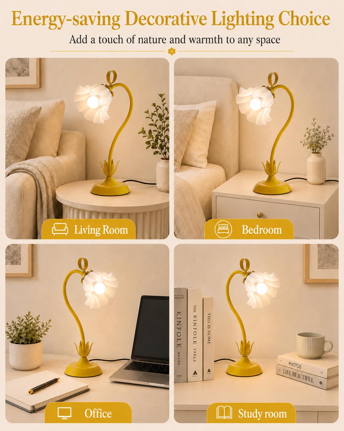Flower Table Lamp Cute Desk Lamp for Bedroom Home Decor (Yellow / Medium)