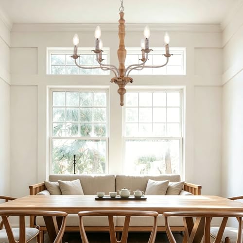 Farmhouse French Country Chandelier Distressed Wood for Living Room (Wood)