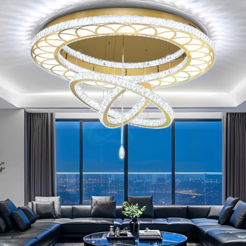 Extra Large Chandelier Dia 55" Gold Chandeliers Flush Mount Chandelier for Living Room Bedroom Dining Room Hallway Dimmable 3 Rings Ceiling Chandeliers (Gold / W:55inches)