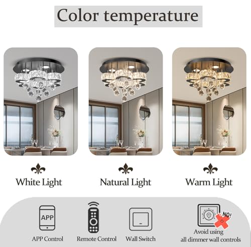 16" Small Crystal Chandelier LED Ceiling Light Fixtures Stainless Steel Flush Mount Ceiling Chandeliers Light for Bedroom (Black / 16inch)