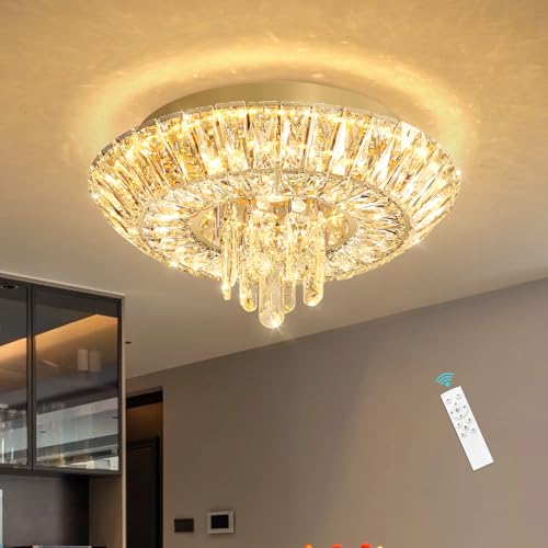 Crystal Chandelier Modern Round Ceiling Light Fixture LED Raindrop Chandeliers Dimmable with Remote for Dining Room Living Room Entryway Hallway Bedroom Gold (Gold / W16")