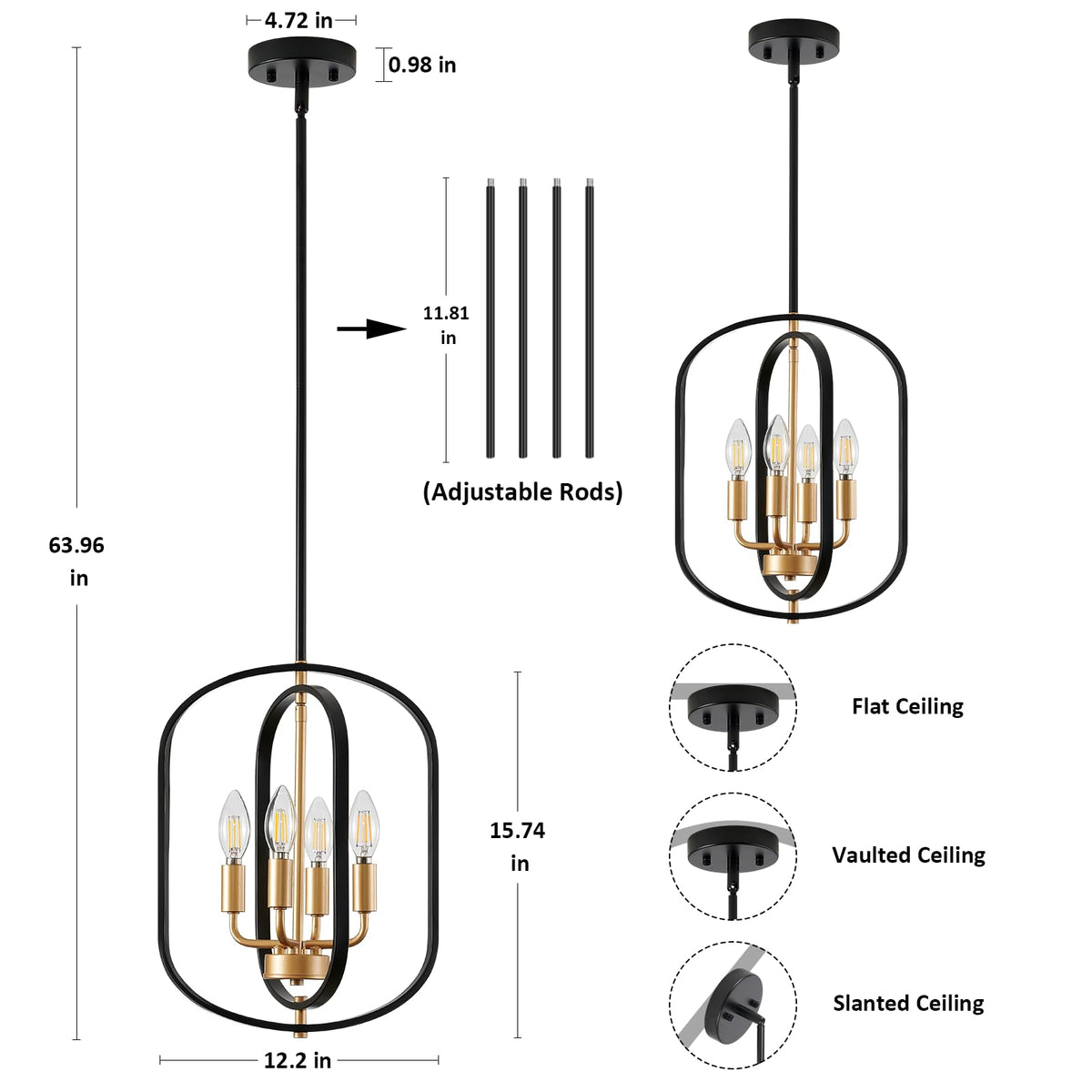Black and Gold Chandelier for Dining Room Light Fixture (4 Light Black Gold)