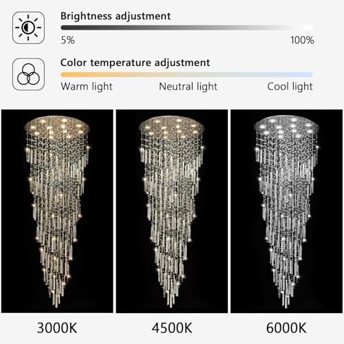 D32'' x H100'' Modern Crystal Chandelier High Ceiling Chandeliers for Entryway Glam Chandelier Large Raindrop Chandeliers LED Dimmable Light Fixtures for Staircaes Foyer Hallway Living Room Silver (D32'' x H100'' Silver)