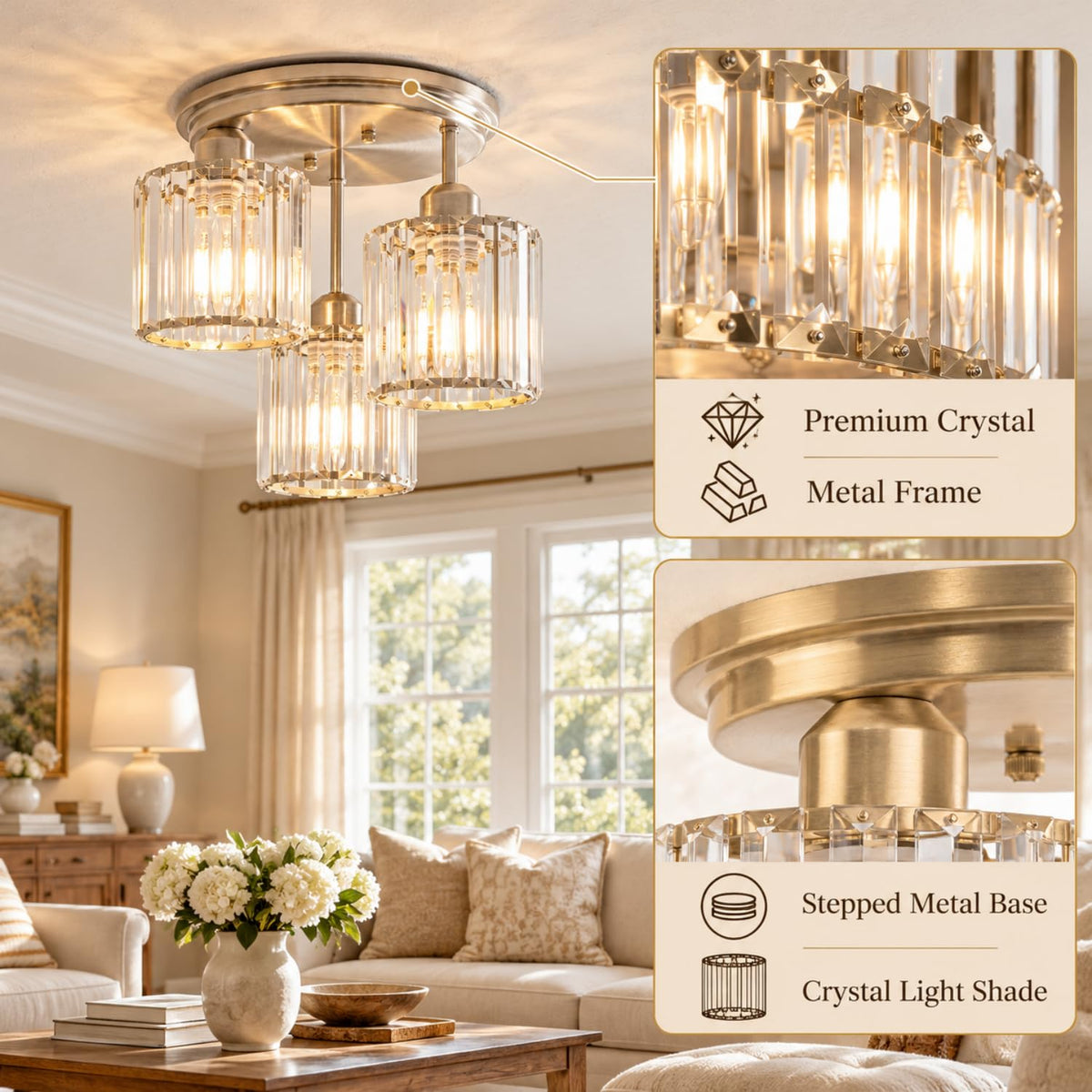 Crystal Semi Flush Mount Ceiling Light (Nickel)