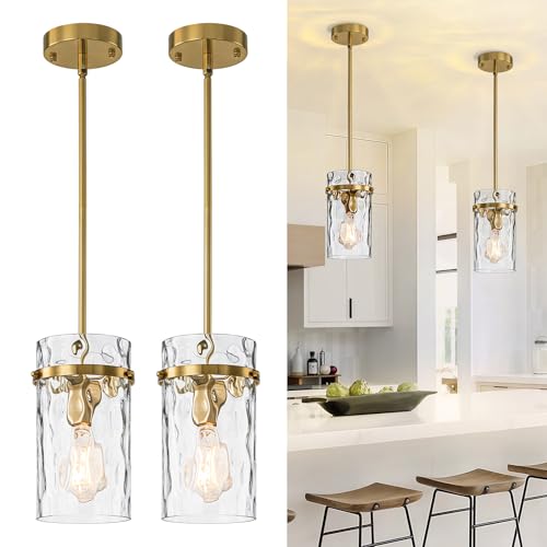 2 Pack 5.5" Modern Brass Hammered Glass Pendant Light (Gold-2 Pack)