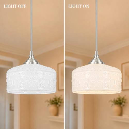 Brushed Nickel Vintage Pendant Lights Kitchen Island for Bathroom (Nickel+White Patterned Glass / 9.45in)