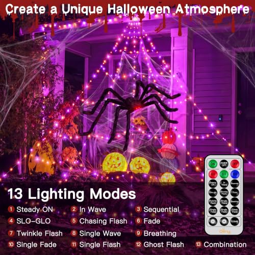 Halloween Sipder Web Lights 454 LED 16.4 FT Tall with Red Eyes Giant Spider (Orange&Purple / 16.4FT)