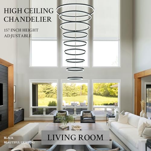 9 Rings D39.4in Modern LED Chandelier Black Dimmable High Ceiling Foyer Chandeliers Entryway with Remote Control for Staircase Entryway Living Room Foyer (Black / 9 Rings 39.4in)