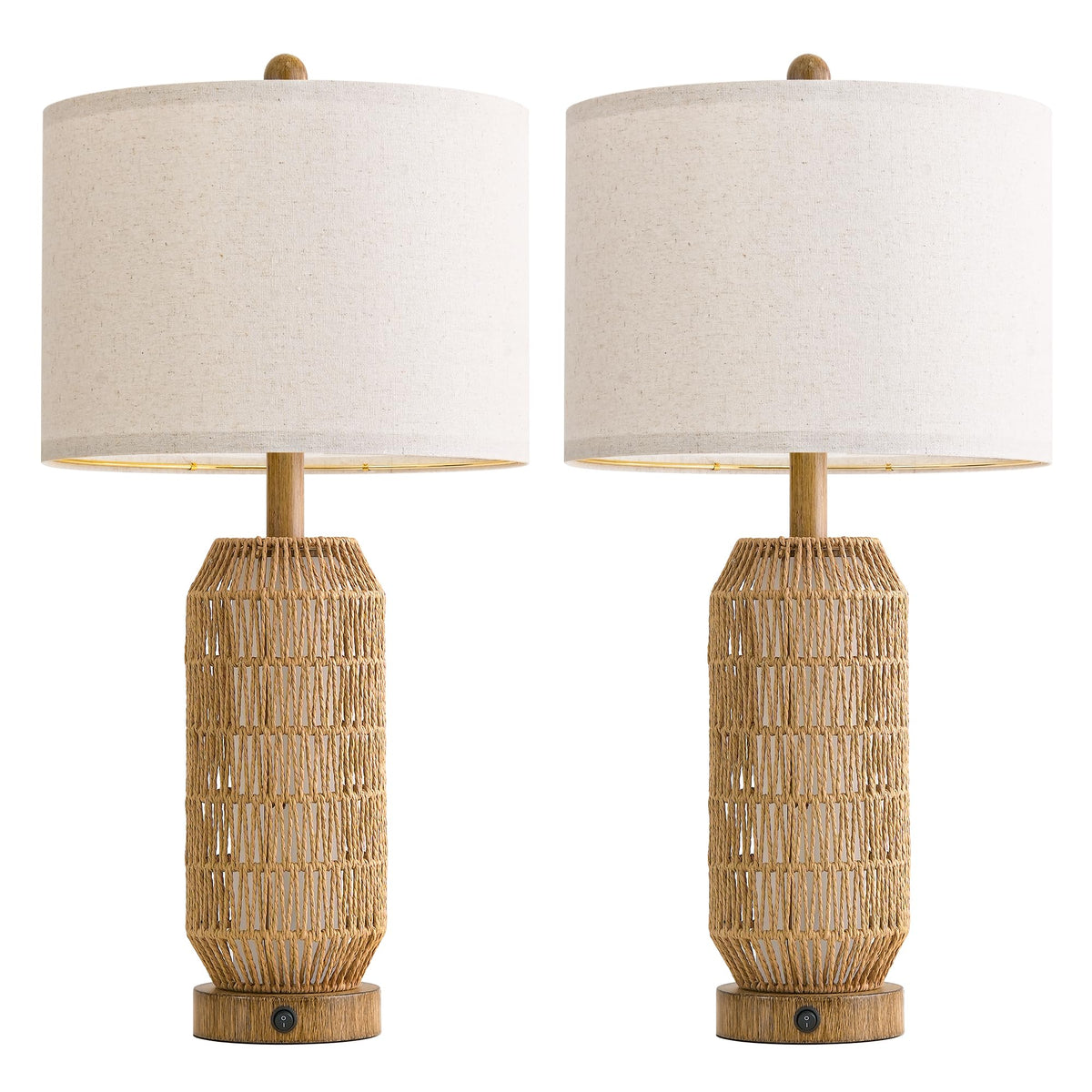 25" Table Lamps Set of 2 with Night Light (Wood-Grain)