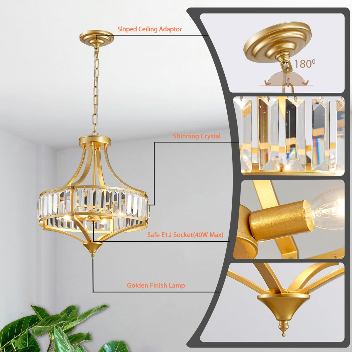 Gold Chandeliers for Dining Room Modern Round Crystal 4 Lights Rustic Pendant Lighting Fixture with Metal Lampshade for Living Room Hallway Bedroom Foyer (15.7" Gold)