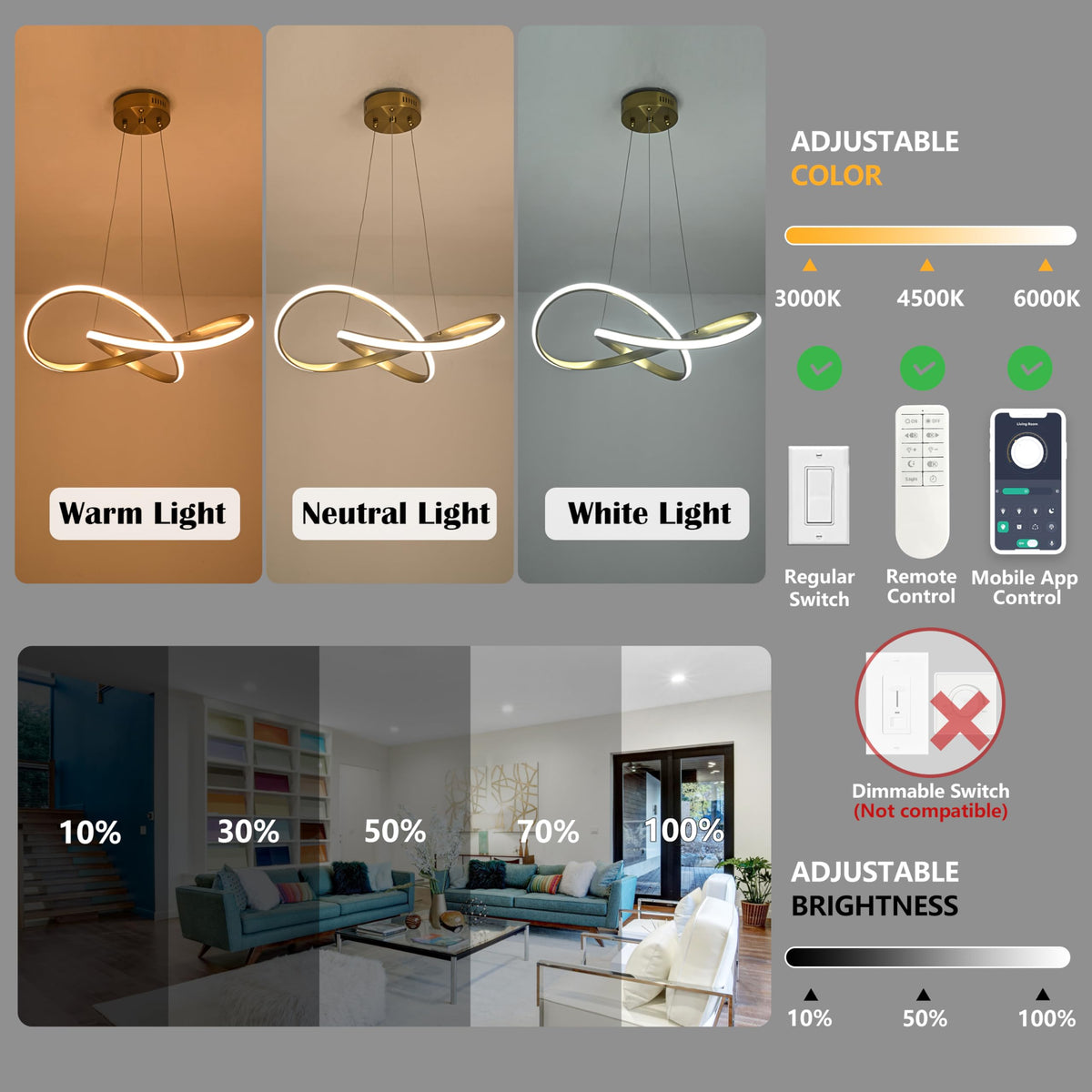 20" Gold Modern led Chandelier for Living Room (Gold / 20 Inch)