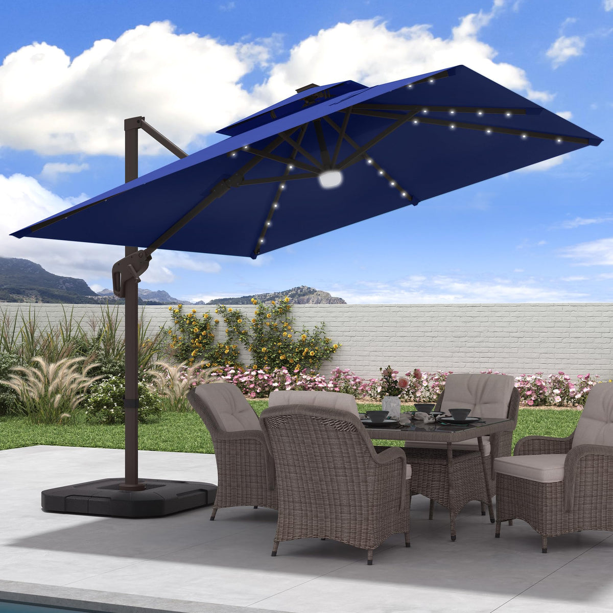 9x9 FT Cantilever Offset Patio Umbrella with Lights & Base (Navy)