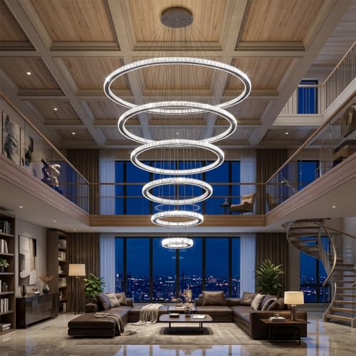 Modern Crystal Chandelier 6 Rings High Ceiling Chandeliers Dimmable LED Lighting Fixtures with Remote for Living Room Dining Room Foyer Black (Black / 6-Ring 47")