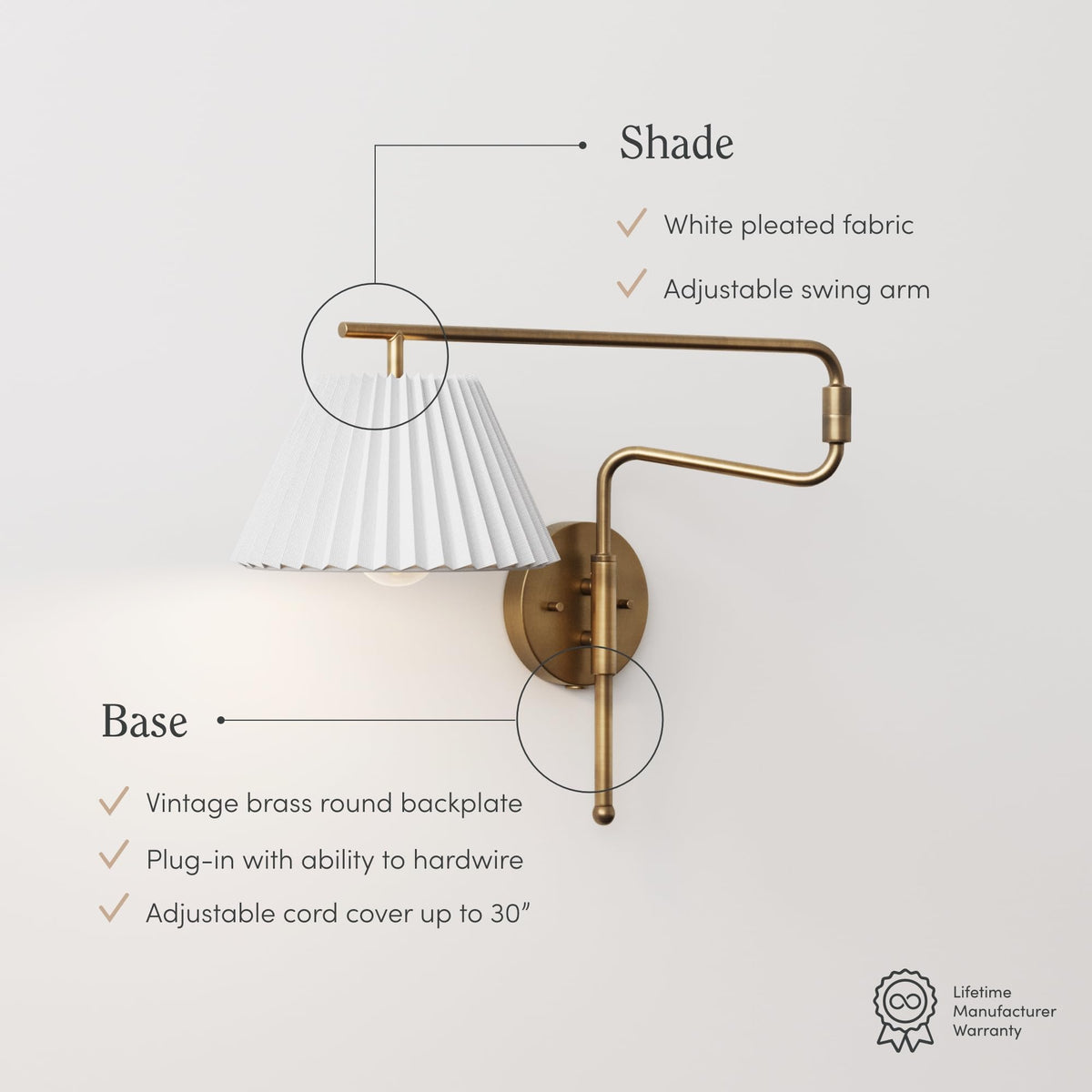 Kai Modern Wall Mounted Plugin Bedside Reading Lamp with Pleated Shade (White Linen/Vintage Brass / Set of 1)