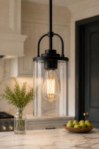 Clear Glass Pendant Lights Kitchen Island (Matte Black / 1 Pack)