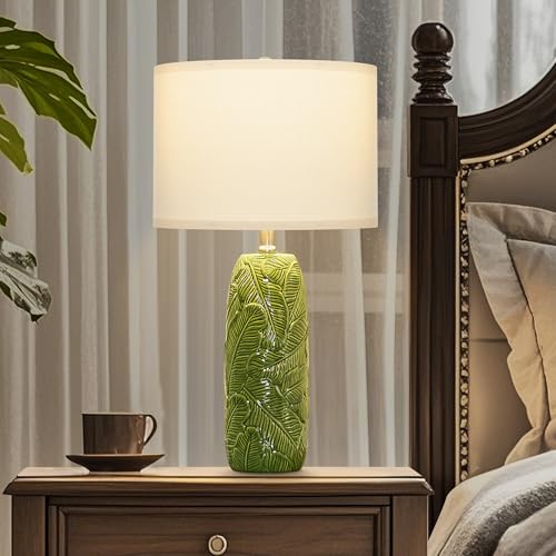 25" Green Ceramic Table Lamps for Living Room Set of 2 with Leaves Design (Green-L)