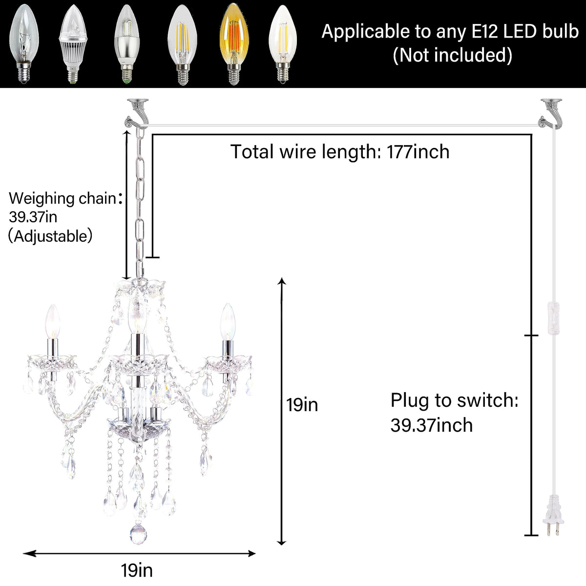 Plug in 3 Light Crystal Hanging Pendant Lights Acrylic Chandelier (Clear / 3-Light-Plugin)
