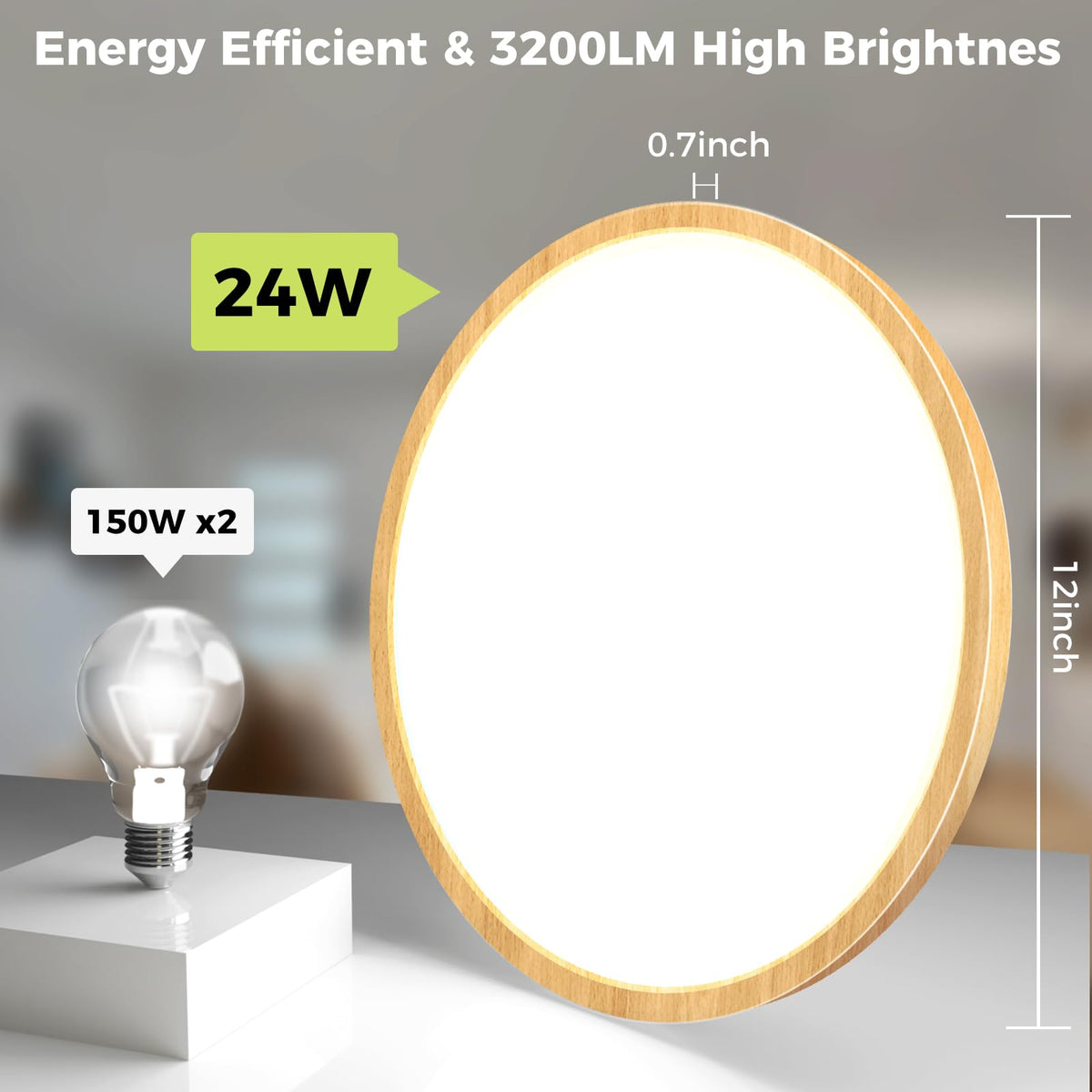 2Pack LED Flush Mount Ceiling Light Fixture (Wood / 12Inch-2pack)