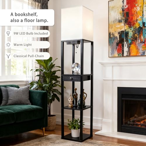 Shelf Floor Lamp with 1 Drawer (Black(USB+Drawer))