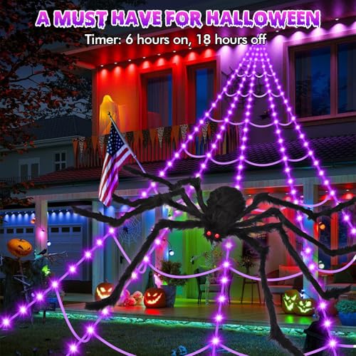 200" Halloween Decorations Spider Web Lights Outdoor +59" Fake Spider (Purple)