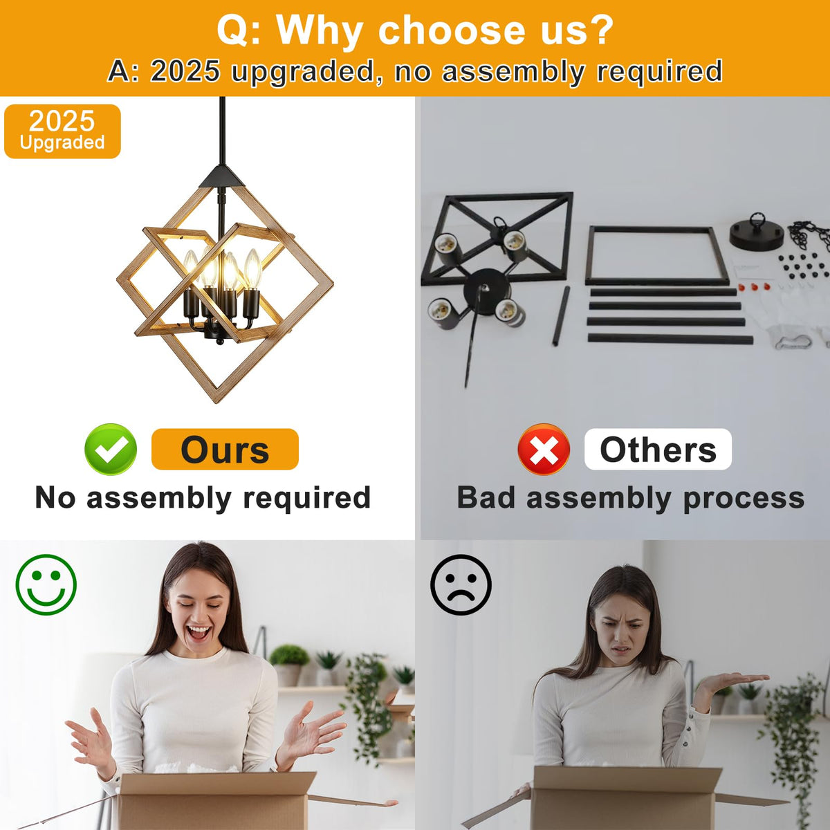Modern Chandelier for Dining Room (Wood Grain-18"(No Assembly Required) / 4-Light)