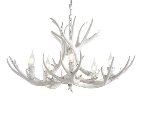 33" 6 Light Resin Faux Horn Antler Chandelier Rustic Farmhouse Hanging Light for Dining Room Living Room Cabin with Sloped Ceiling Compatible LED Bulbs Included